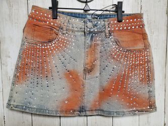 Fashion Nova Arielle Embellished Denim Mini Skirt Light Wash Size S Y2K Bling