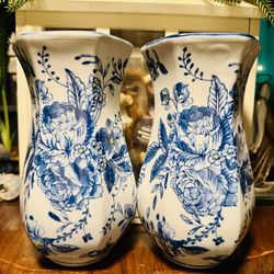 Pair Of Blue And White Vases
