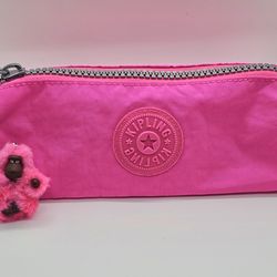 Kipling Pencil Cosmetic Accessory Case Hot Pink With Monkey Charm