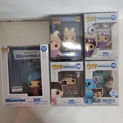 Funko Pop!: Monster's Inc  BOO (5) Five - VHS Covers #17 / #386 with Teddy Bear / #1153 Monster Costume / #1158 ,with Sulley / #09 Pixar Pin