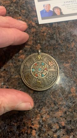 Vintage tibetan Nepal turquoise & coral silver over brass pendant