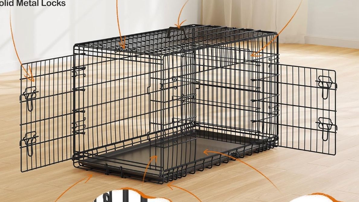 42 inch Double Door Dog Crate w/Divider for Puppy to Adult XL Collapsible Metal Crate with Removable Tray Wire Dog Kennel for Large Dogs Portable Tra