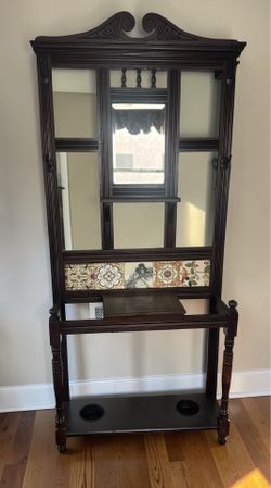 Vintage Mahogany Hall Tree with Ornate Decorative Tiles, Drawer and Beveled Mirror - 35x12x80