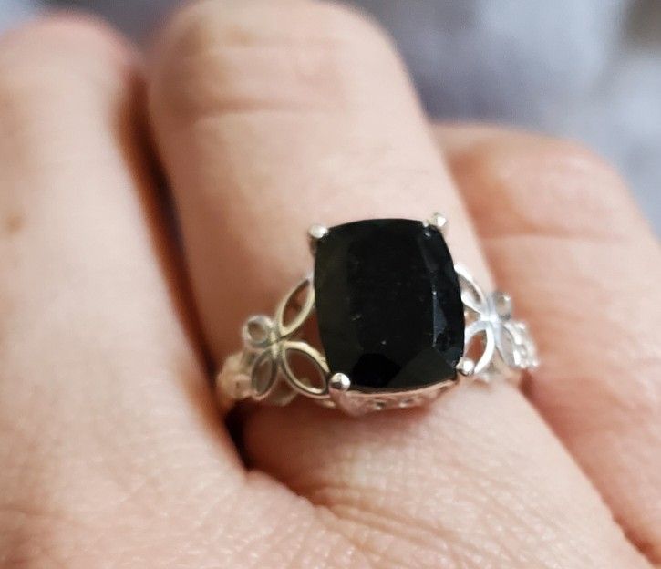 925 Sterling Silver Black Tourmaline Gemstone Ring Size 6