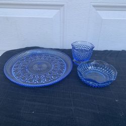 Vtg Indiana Diamond Point sauce set Vintage Federal Glass Windsor Blue Cheese or Cake Plate Platter 11"