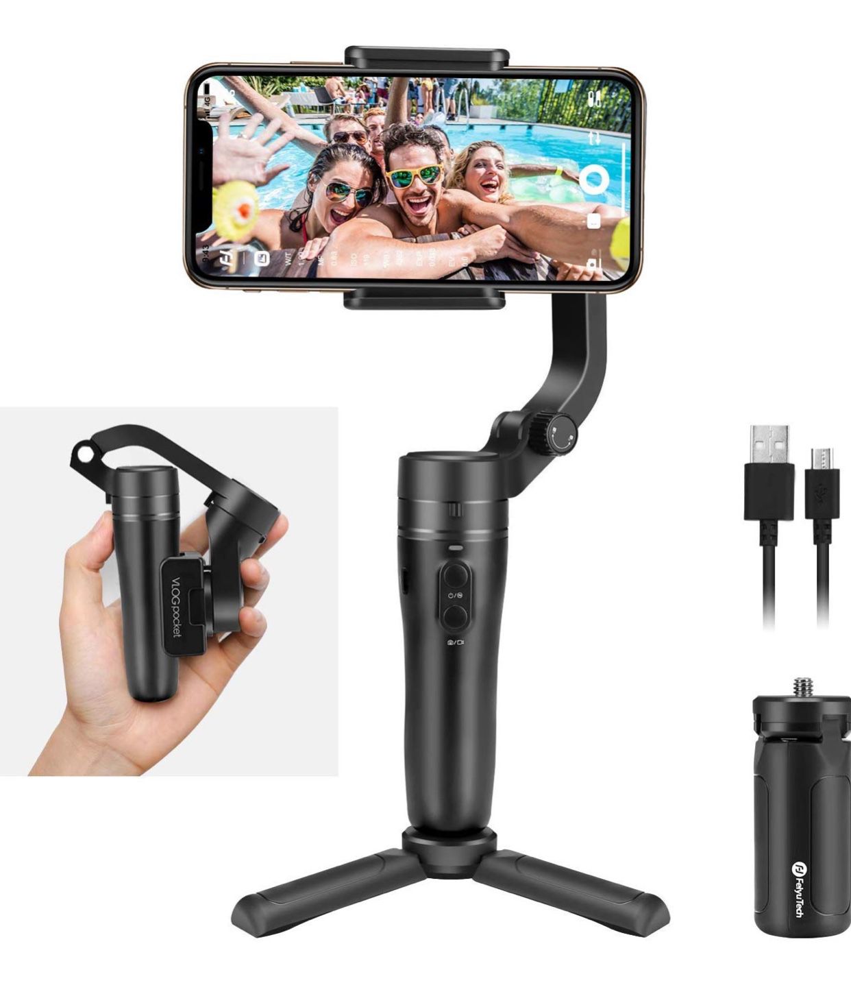 VLOG pocket Handheld Gimbal Stabilizer Foldable Pocket-Size 3-Axis with One Key Orientation Toggle for iPhone 11/ 11 Pro/ 11 pro Max and Android Smar