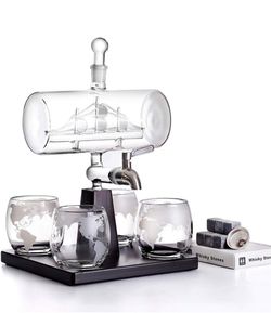 Vodka Wine Container, Whiskey Wine Container Set, Wooden Stand Weigh Sail Wine Bottle Set with 4 Whisky Tumbler Glasses,for Brandy Tequila Bourbon Sco