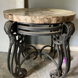 Wrought Iron Scroll Base Marble Tile Top End Table Night Stand