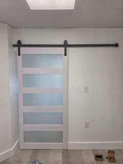 White Sliding Barn Door with Frosted Glass Panels