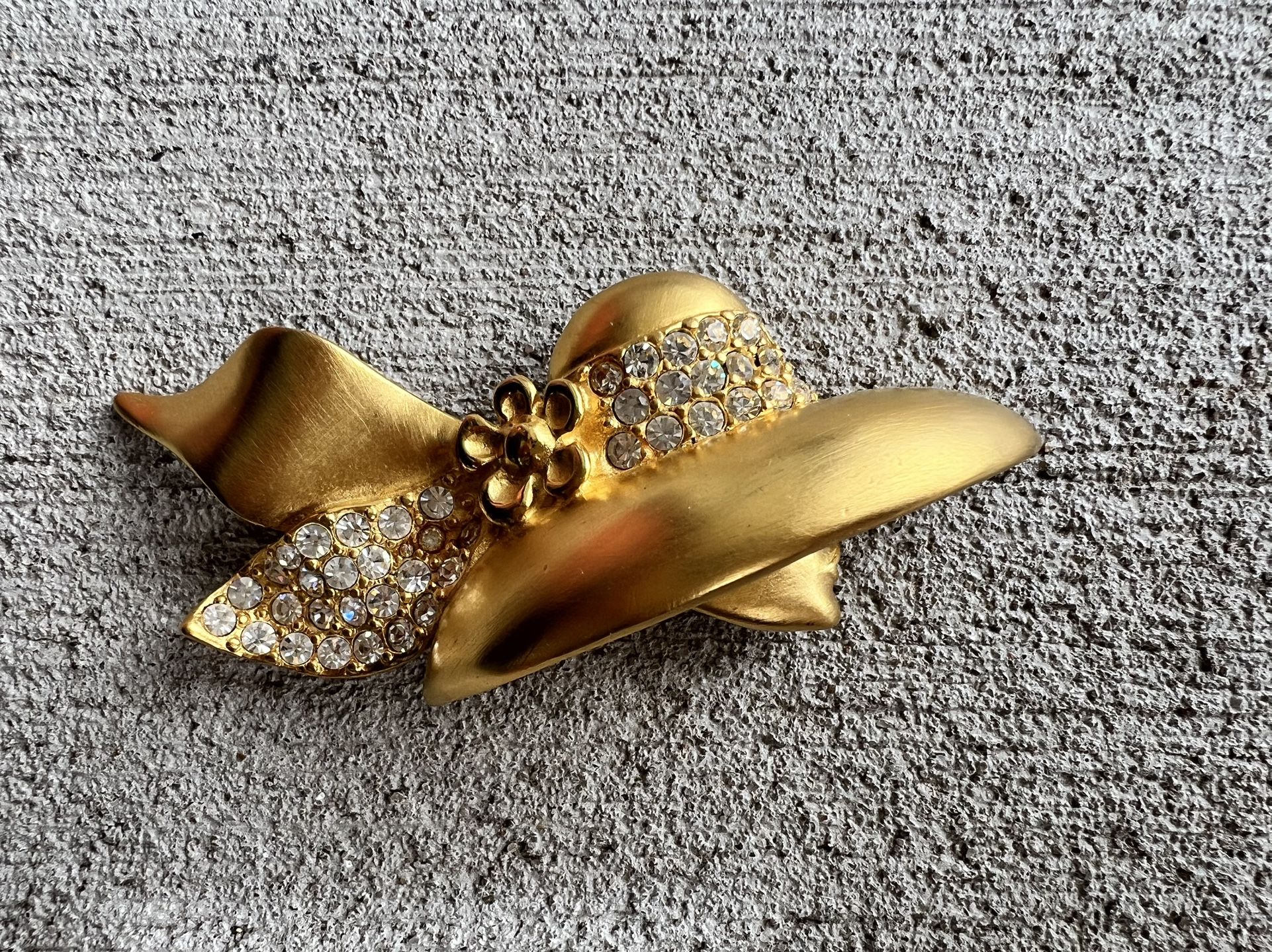 Vintage Givenchy Flower Brooch – Gold Tone with Clear Crystals, Signed, 1990s
