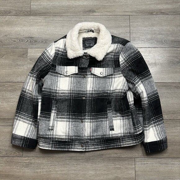 Levi's Sherpa Trucker Jacket Plaid Womens L Black White 
