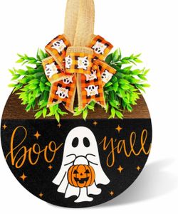 Halloween Wooden Welcome Sign for Front Door Hanging Spooky Ghost Boo Yall Sign with Bow Halloween Wooden Door Hangers Wreath for Farmhouse Home Windo