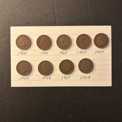 Coins – Indian Pennies – 1900/01/02/03/04/05/06/07/08 - Consecutive Dates - Total 9 Coins $32