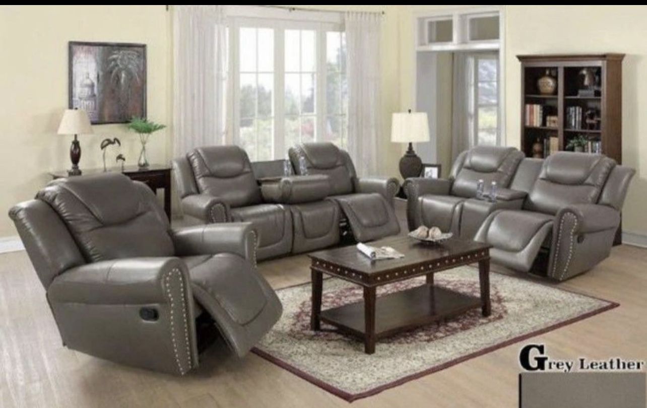 Grey Leather Fully Reclining Three Piece Couch Set 