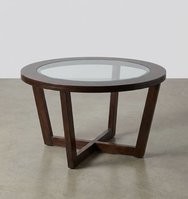 Large 42" Round Coffee Table - Dark Wood & Glass - Cross Base
