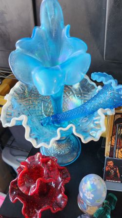 Blue Opalescent Glass Epergne with Ruffled Edge