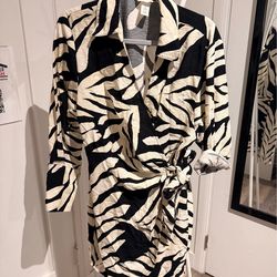 H&M Zebra Print Tie Waist Shirt Dress M