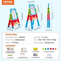 VEVOR Art Easel for Kids, 2-in-1 Double-Sided Kid's Art Easel with Magnetic Whiteboard & Chalkboard, Adjustable Standing Rotatable Removable Drawing B