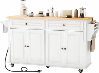 Rolling Kitchen Island with Drop Leaf and Power Outlet