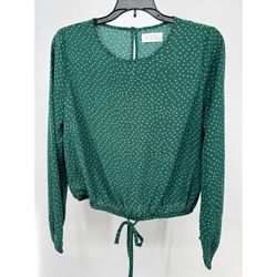 Vixbe Womens Cropped Blouse Green Round Neck Keyhole Back Long Sleeve Size S NWT