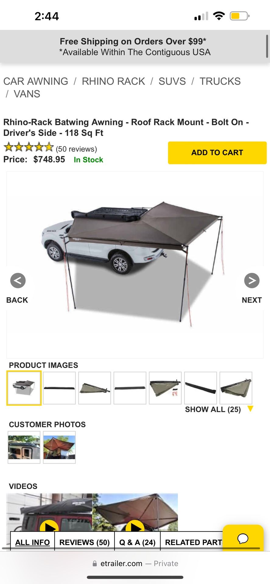 Rhino-Rack Batwing Awning - Roof Rack Mount - Bolt On - Driver's Side - 118 Sq Ft