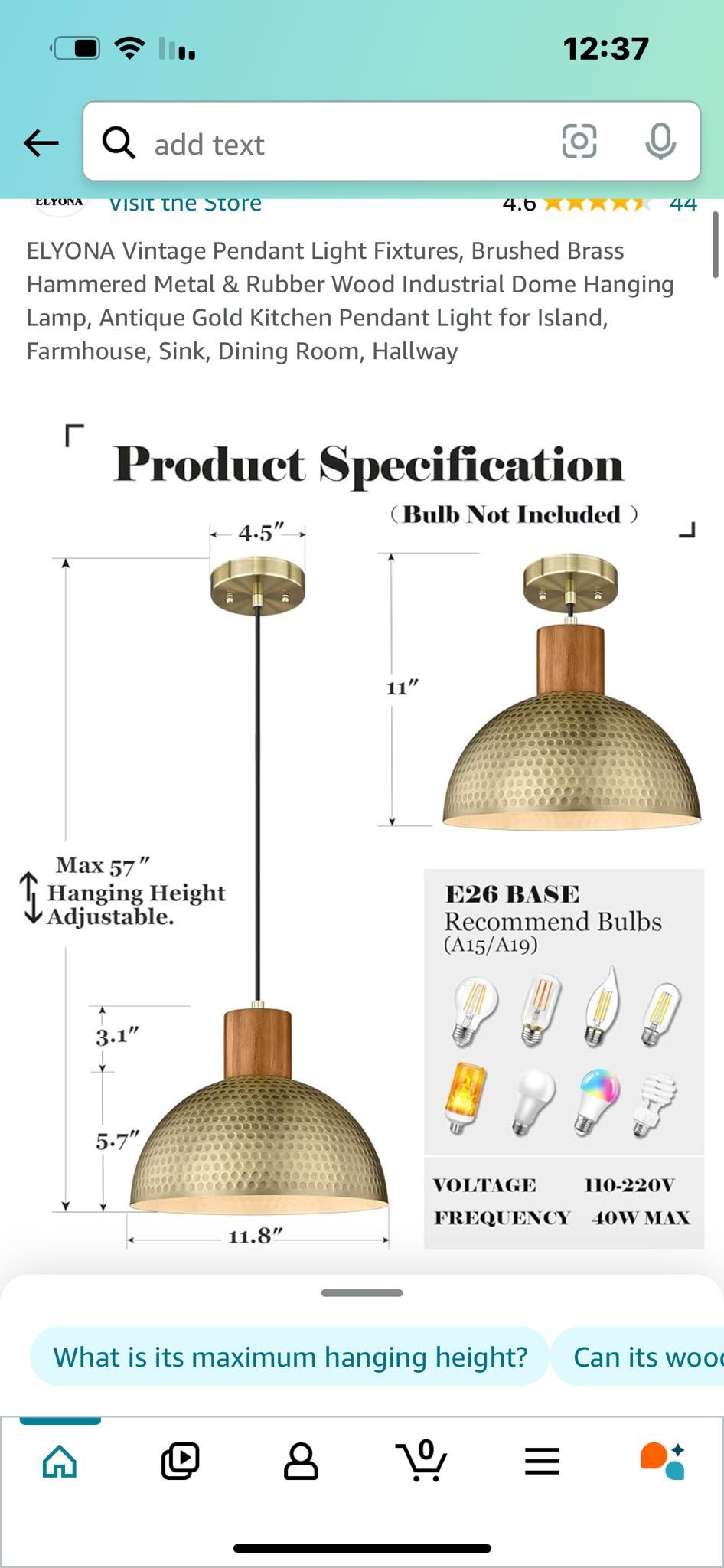 ELYONA Vintage Pendant Light Fixtures, Brushed Brass Hammered Metal & Rubber Wood Industrial Dome Hanging Lamp, Antique Gold Kitchen Pendant Light for