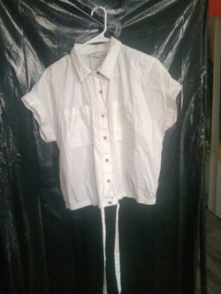 Michael Kors Top Is A White Short Sleeve Button Down Shirt Featuring A Distinctive Drawstring Tie - Front Hem.