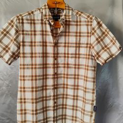Patagonia Men's Small Button-Down Shirt White Orange Aqua Plaid Organic Cotton

