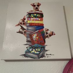 Puppies w/ Books Wall Art Canvas 16x16
