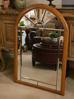 Large Beveled Leaded Glass Arched Wall Mirror