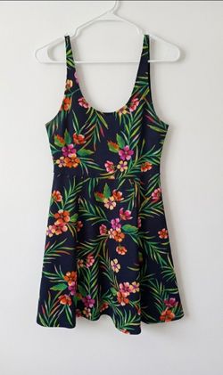 Size Small Tropical Floral Mini Dress – Navy Blue Hibiscus Skater Dress