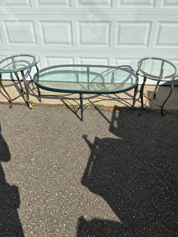 3-Piece Vintage Glass Top Table Set – Wrought Iron Coffee Table & End Tables