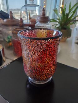 Mosaic Votive Candle Holder Red & Yellow Glass Chips.