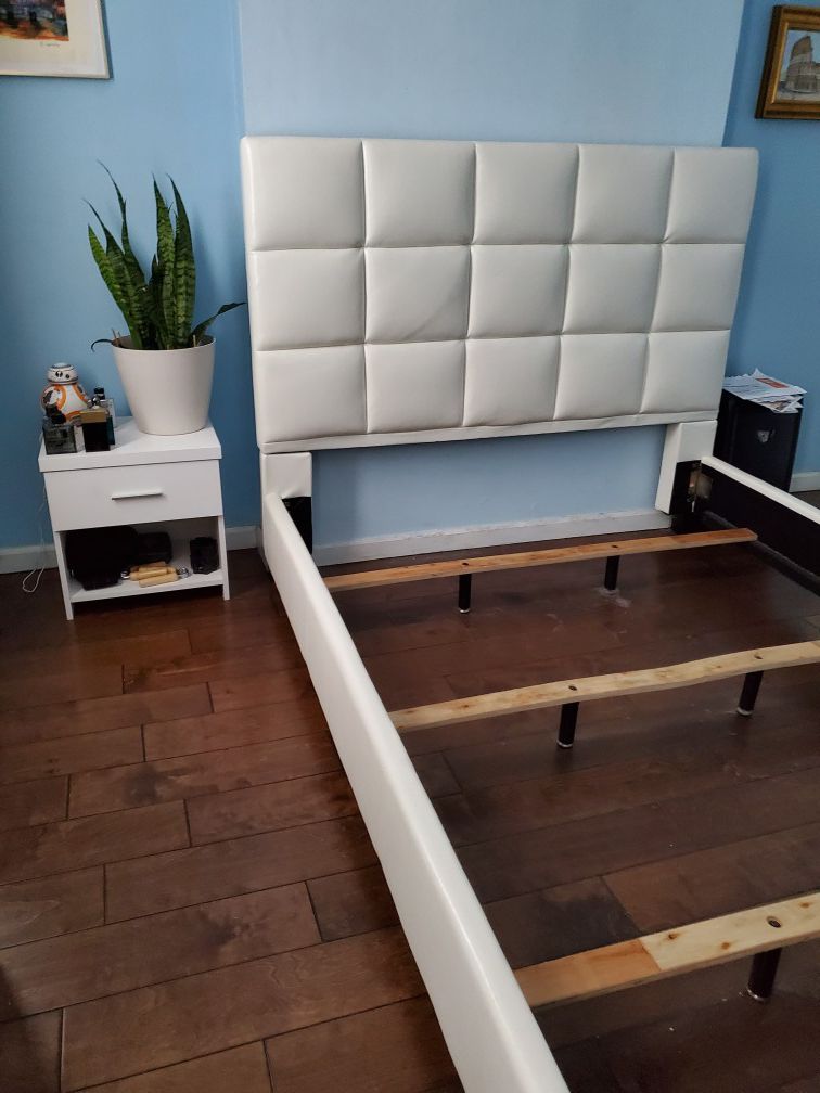 White leather bed frame queen size and night stand