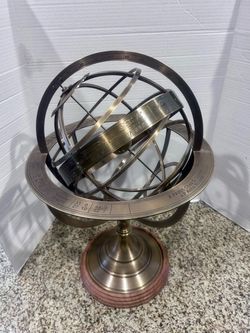 Armillary sphere on wood base brass 22” tall