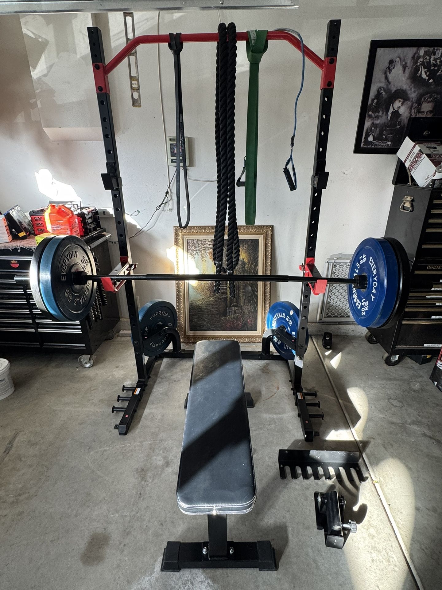 Home Gym Bundle – Power Rack, Bumper Plates, Barbell, Bench, Dip Station, Accessories