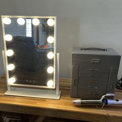 Vanity Mirror With Lights, Jewelry Storage Box And Curling Iron
