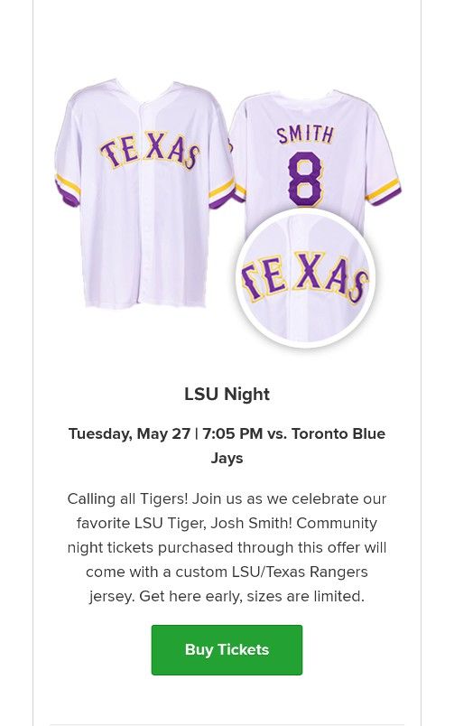Texas rangers LSU night Jersey Josh Smith