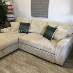 Spacious And Comfortable 2-pc Sectional Sofa Pull -out Bed With Storage Chaise Beige- Corduroy Fabric 