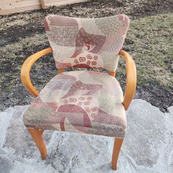Vintage MCM Accent Chair, Curved Wood Arms, Custom Upholstery, Retro Lounge Chair
