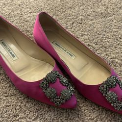 MANOLO BLAHNIK Dark Fuchsia Satin Jewel Buckle Flat Pumps