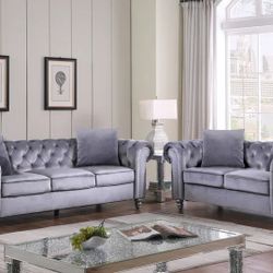 🔥 Sofa And Loveseat Set, Gray Velvet Fabric,  Brand New.