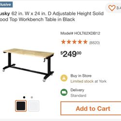 Husky Workbench Adjustable. 62” X24” 