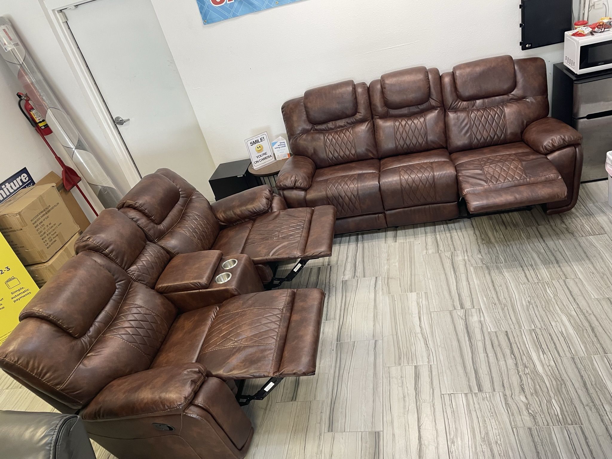 Fourth of July sale. Santiago brown leather reclining sofa and loveseat set now $1199. Easy finance option. Same day delivery.