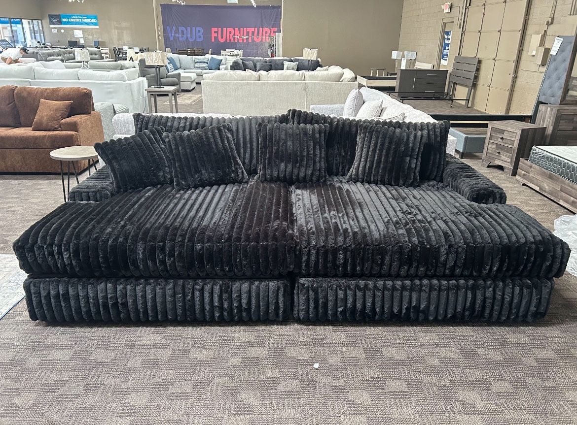 Big Soft Black Double Chaise Corduroy Sectional Couch
