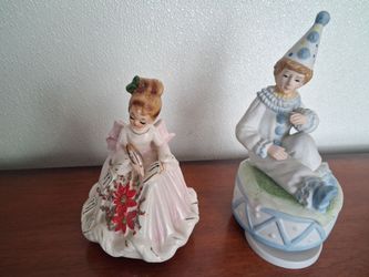 Porcelain Musical Figurines Lady and Clown Set of 2