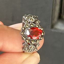 Vintage Sterling Silver Marcasite Garnet Ring Art Deco Ring Size 8 Jewelry Band 