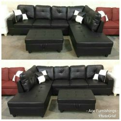 Brand New Black Leather Sectional With Storage Ottoman