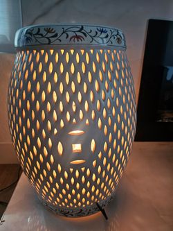 Large Pierced Ceramic Garden Stool Lamp – Hand Painted Floral Trim – Ambient Accent Lighting