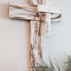 🌱Solid Wood Cross ::: 24"H X 14"W X 3-1/2"D ::: Distressed White/Havana Coffee